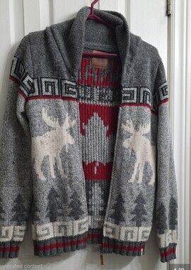 Canadiana Heavy Knit Zip Cardigan Sweater Moose Maple Leaf Shawl Collar - Size S